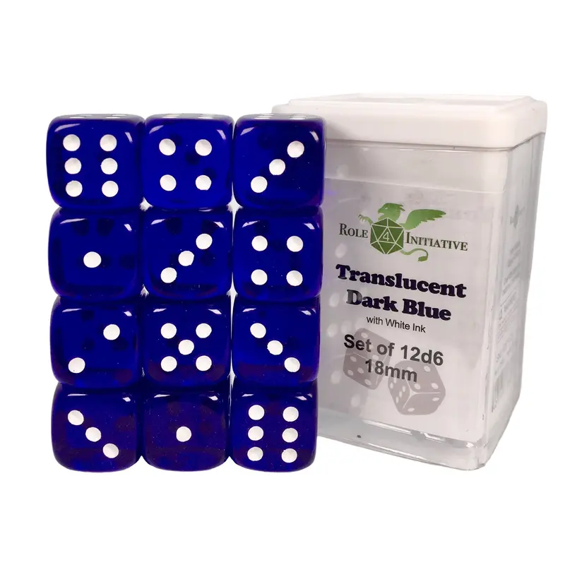SET OF 12D6 PIPS DICE: TRANSLUCENT BLUE/WHITE 18MM