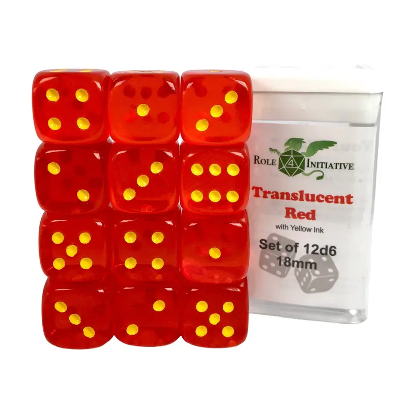 SET OF 12D6 PIPS DICE: TRANSLUCENT RED/YELLOW 18MM