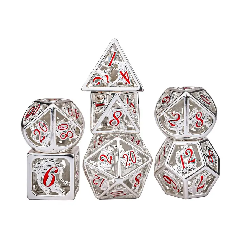 Shinny Silver Hollow Dragon Dice with hand painting for RPG DND dice set