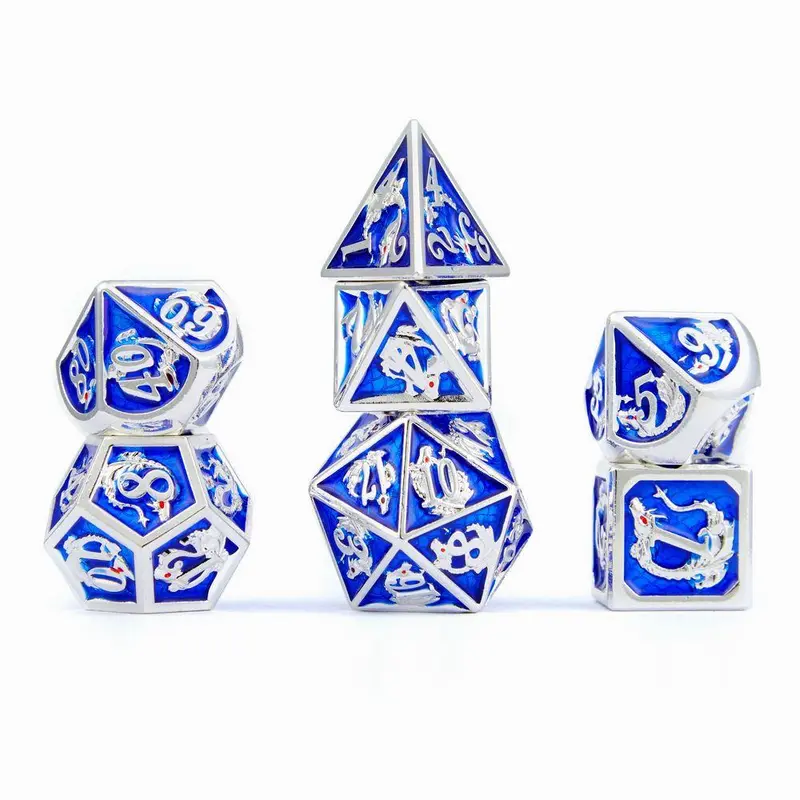 Silver royal blue solid metal dragon dice