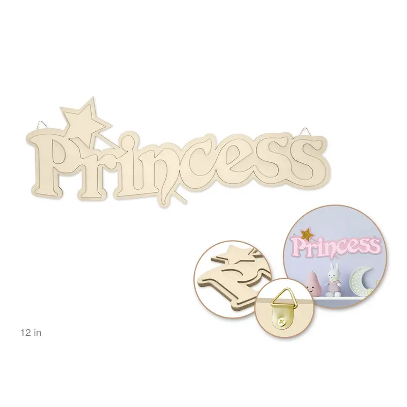 Wood Decor: 12" DIY Words Plaque 3D 7mm(T) w/Hook B) Princess