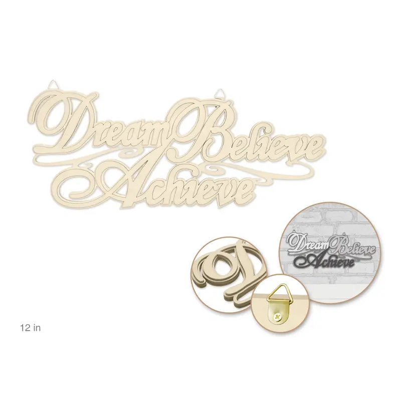 Wood Decor: 12" DIY Words Plaque 3D 7mm(T) w/Hook E) Dream Believe Achieve