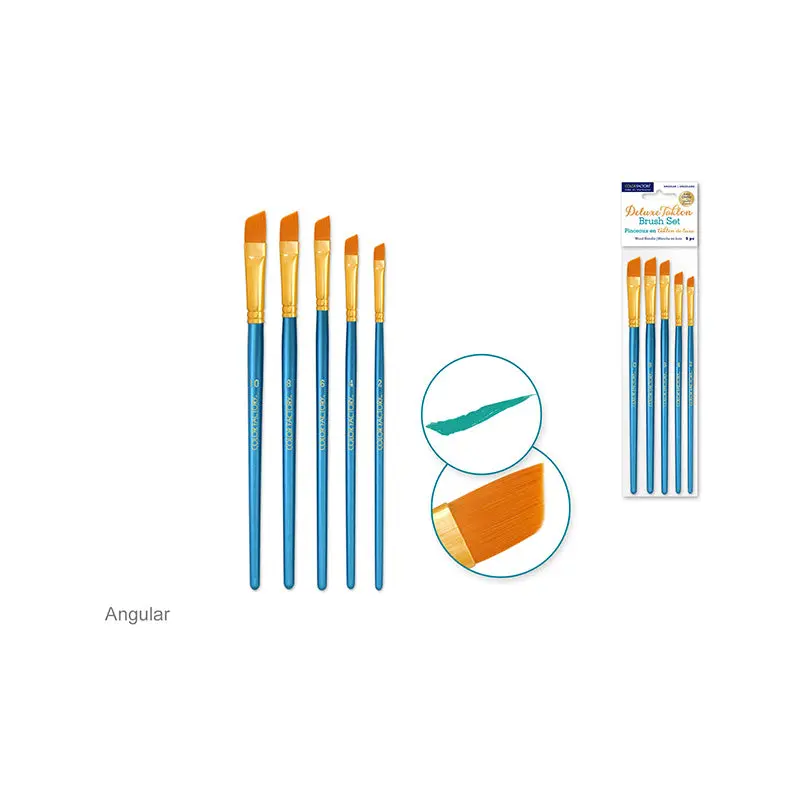 Artist Brush Set: Deluxe Taklon Brush Sets x5 Wood Handle  Angular