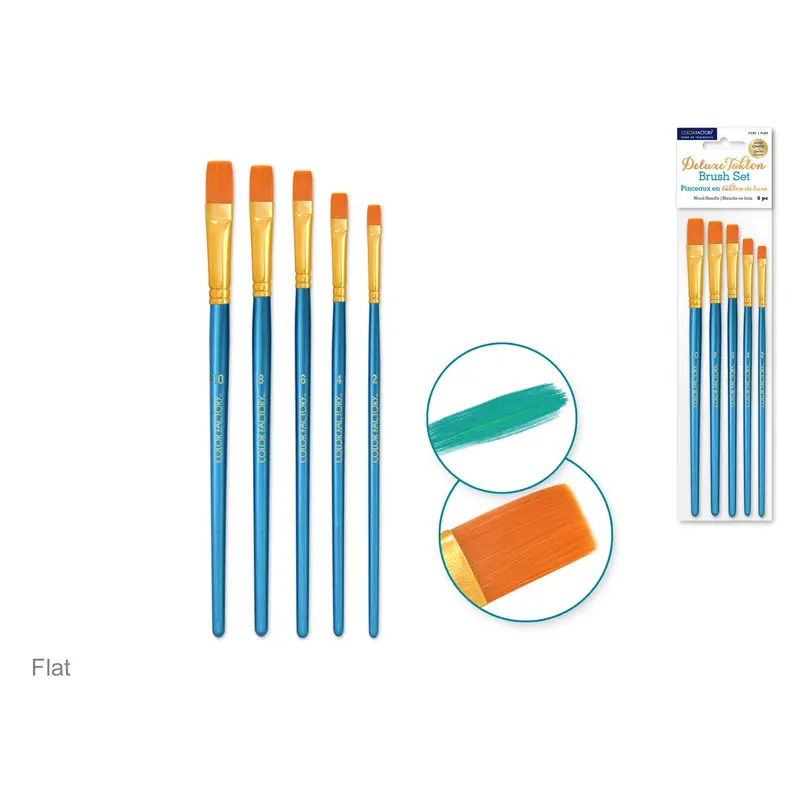 Artist Brush Set: Deluxe Taklon Brush Sets x5 Wood Handle  Flat