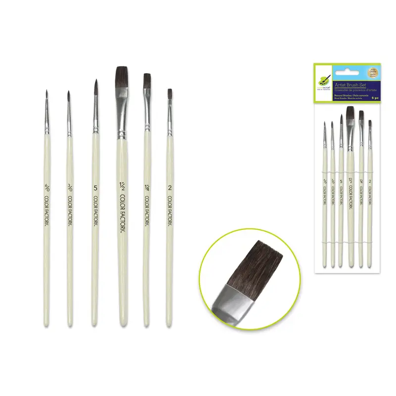 Artist Brush Set: Natural Bristle Multi-Pack x6 Watercolor Wood Handle