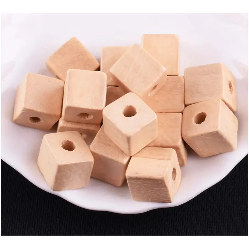 Wood Beads Cube Natural - .39in - 65pc