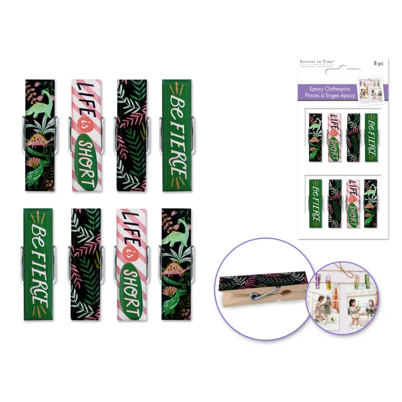 Paper Craft Emb: 1.8" Wood Deco Epoxy Clothespins x8 Printed