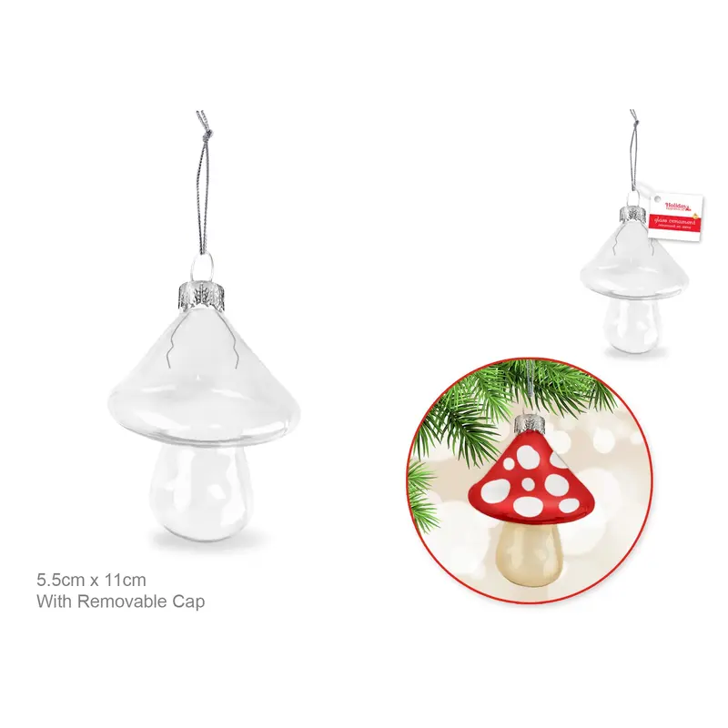 Seasonal Dcor: 2.2"x4.3" Mushroom Clear Glass Orn w/Metal Hanger
