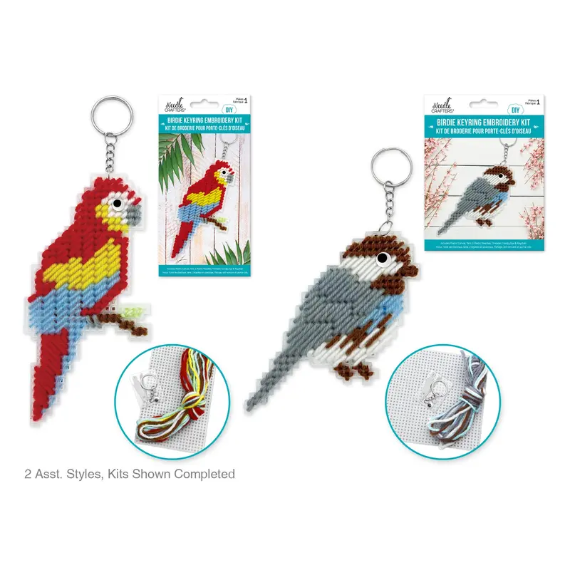 Needlecrafters Kit: DIY Plastic Canvas Birdie Keyring Cross-Stitch Kit Chickadee & Parrot