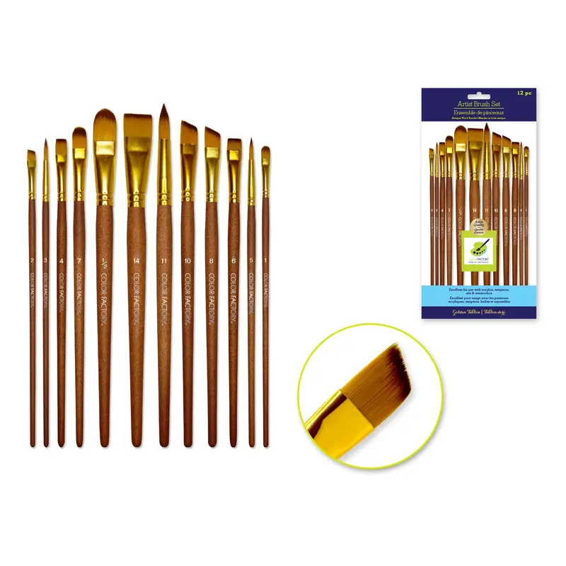 Artist Brush Set: Antique Wood Premium Taklon Set x12 Art Medley
