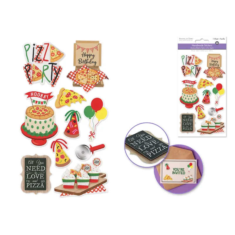 Handmade Sticker: 4.4"x7.5" 3D Themed Elements Pizza Party