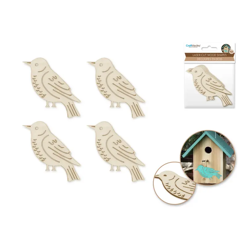 Wood Craft: 8cm Laser-Cut Ornate Wood Shapes x4 Birdie