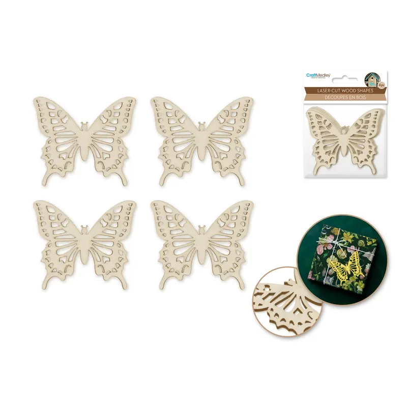 Wood Craft: 8cm Laser-Cut Ornate Wood Shapes x4 Butterfly 2