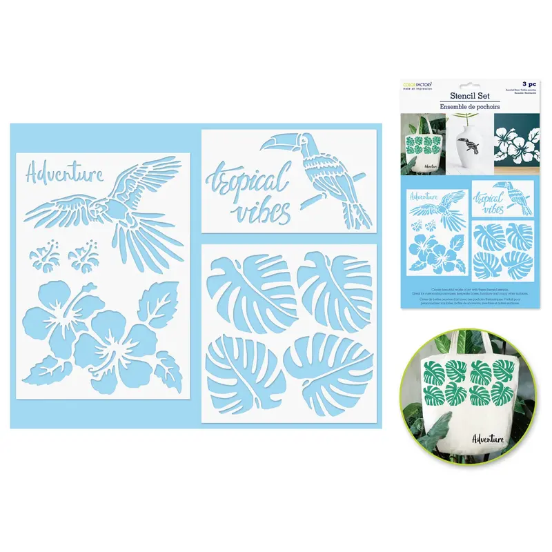 Color Factory: 3pk Multi-Media Stencil Set Asst Sizes  Tropical Vibes