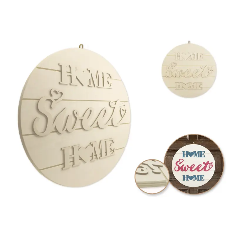 Wood Decor: 14" DIY Round Slat-Wall Sign Plaque 3D w/Jute Hanger Home Sweet Home