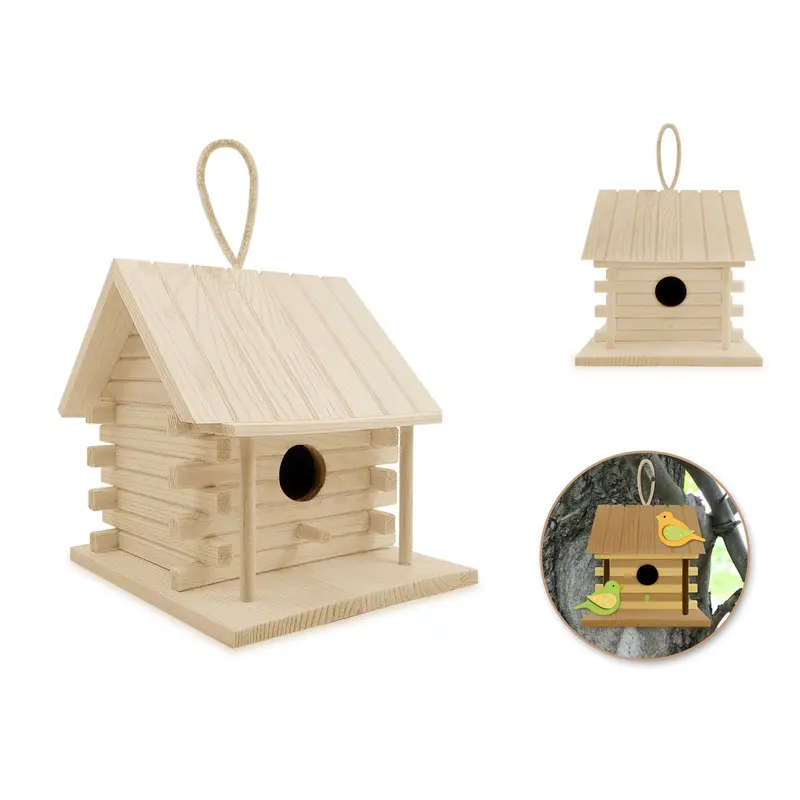 Wood Craft: 5.1"x5.3"x5.4" DIY Log Cabin Birdhouse w/Jute Hanger
