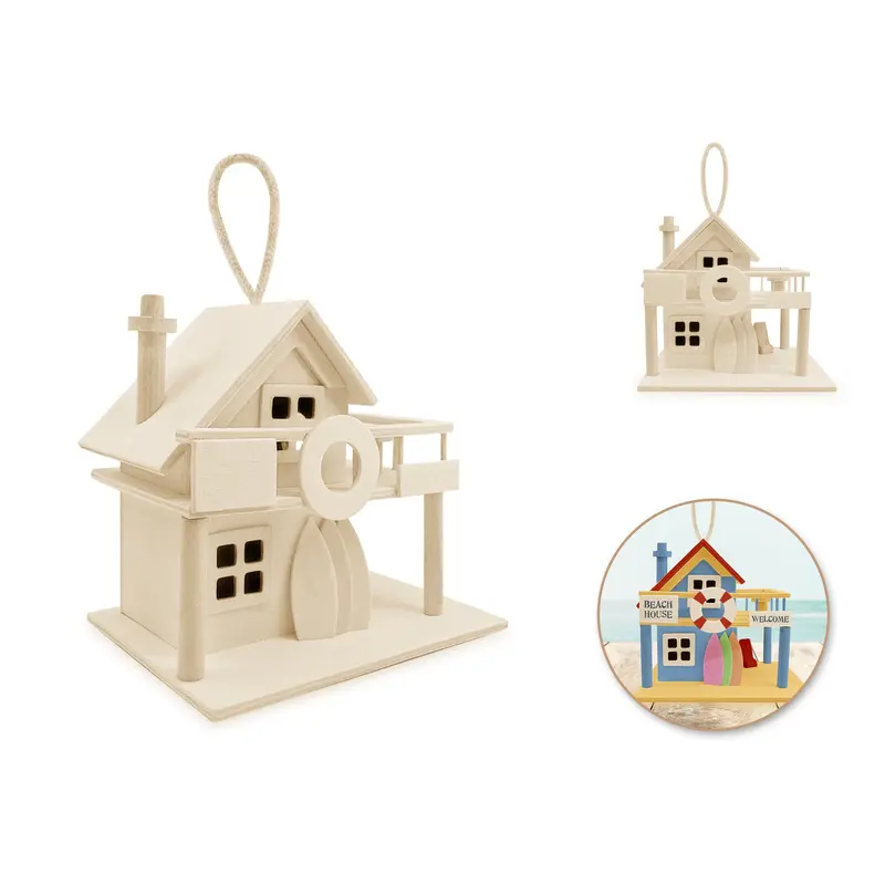 Wood Craft: 6.3"x4.5"x5.8" DIY 2-Story Beach House Birdhouse w/Jute Hanger