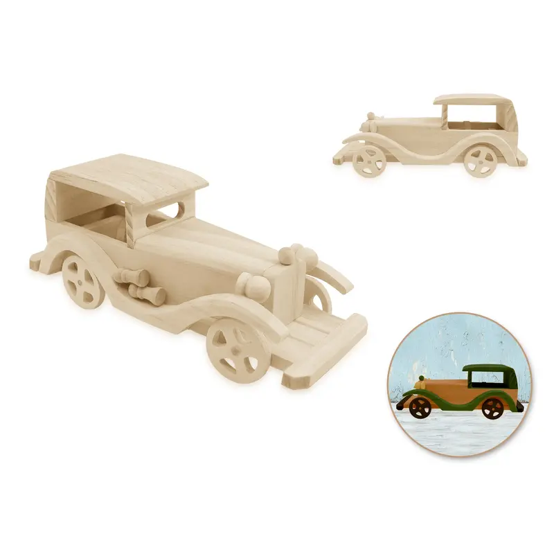Wood Craft: 7.4x2.8" DIY Solid Wood Vehicle w/Wheels Vintage Car