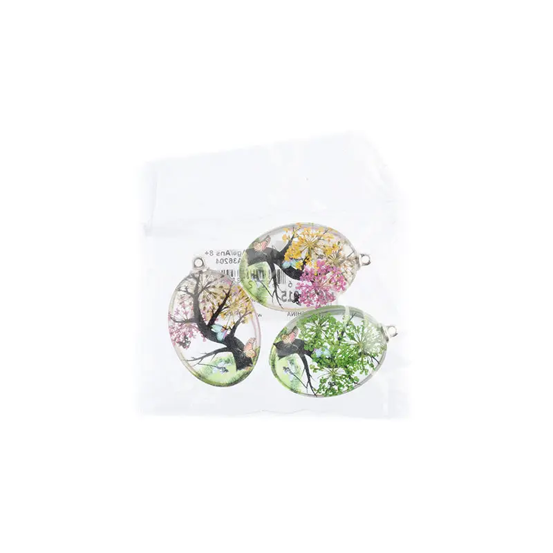 Dried Flower Glass Pendants Assorted Colors 30x40mm