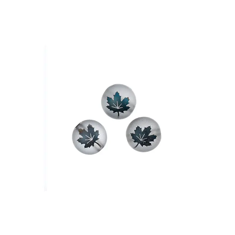 Glass Beads 7in Strand 10mm Round Matt Transparent Gray with Maple Leaf Pattern in Metallic Blue