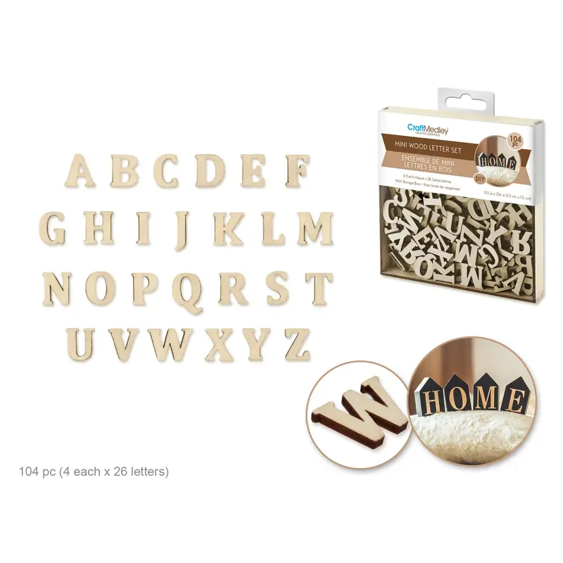 Craftwood: 1.3x1.5cm Mini Letter Box Set 104pc (4ea x 26 Letters) 2mm(T) Natural